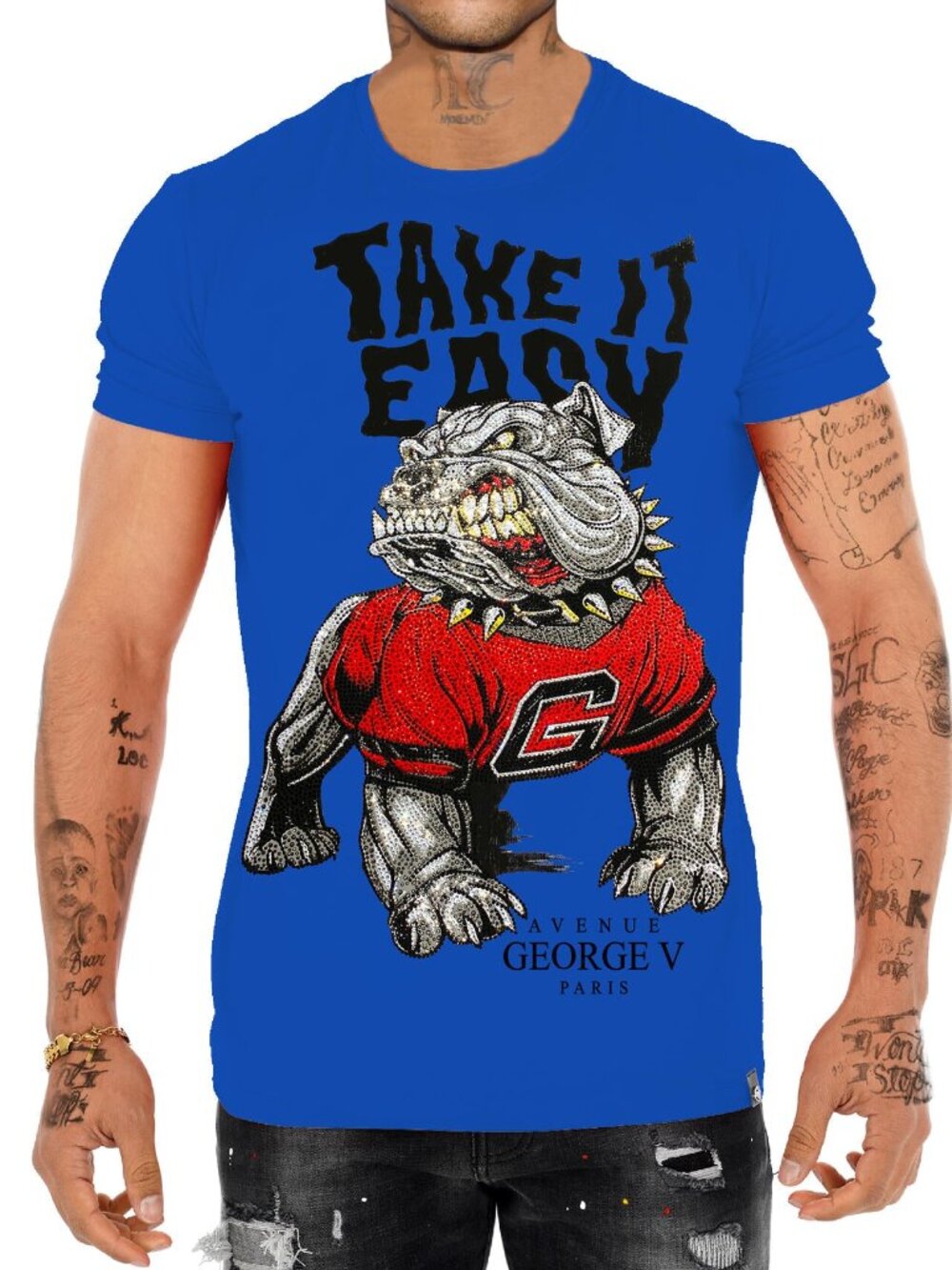 Avenue George V Paris T-Shirt rhinestone bulldog men’s Blue short sleeve Tee XL